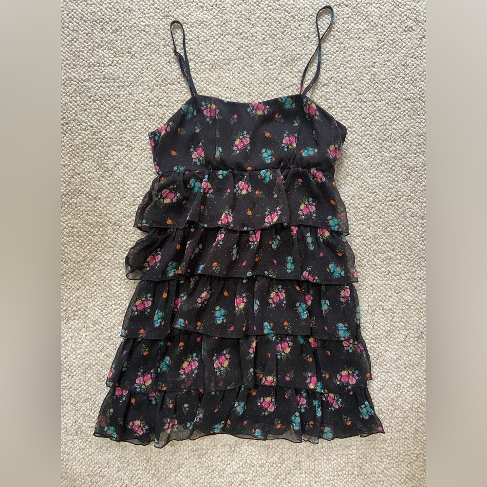 H&M Spaghetti Strap Black Floral Ruffle Flapper Dress Size 6